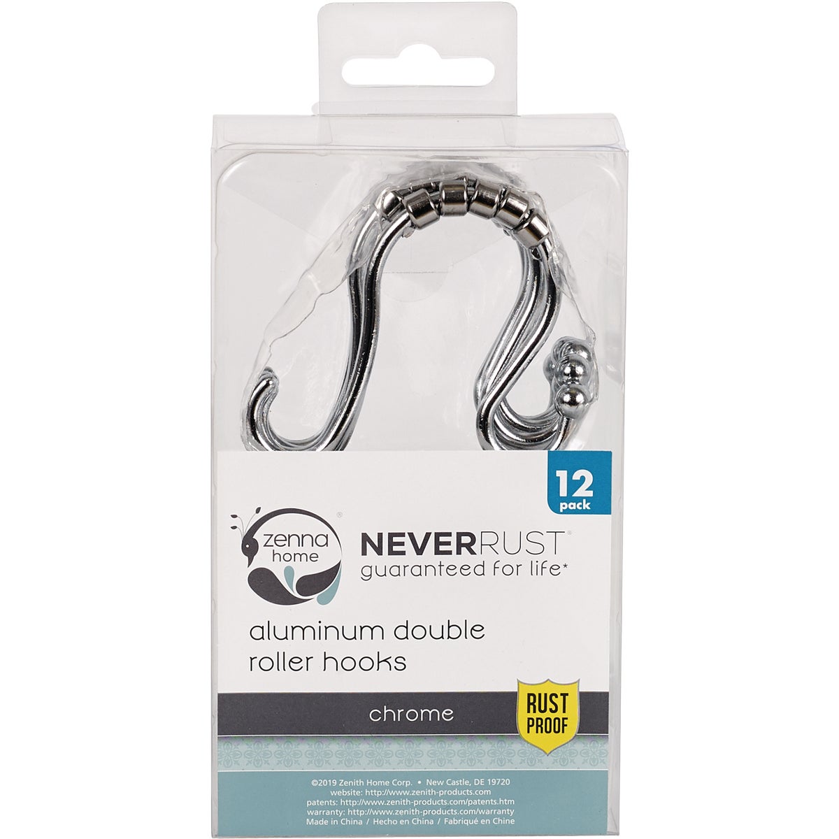 Zenna Home Rustproof Chrome Double Roller Shower Curtain Hooks (12-Count) Image 2