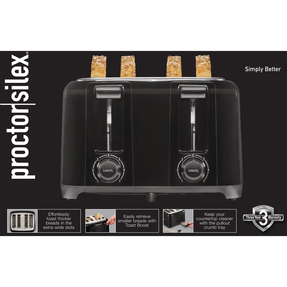 Proctor Silex Extra-Wide 4-Slot Toaster  - Black Image 2