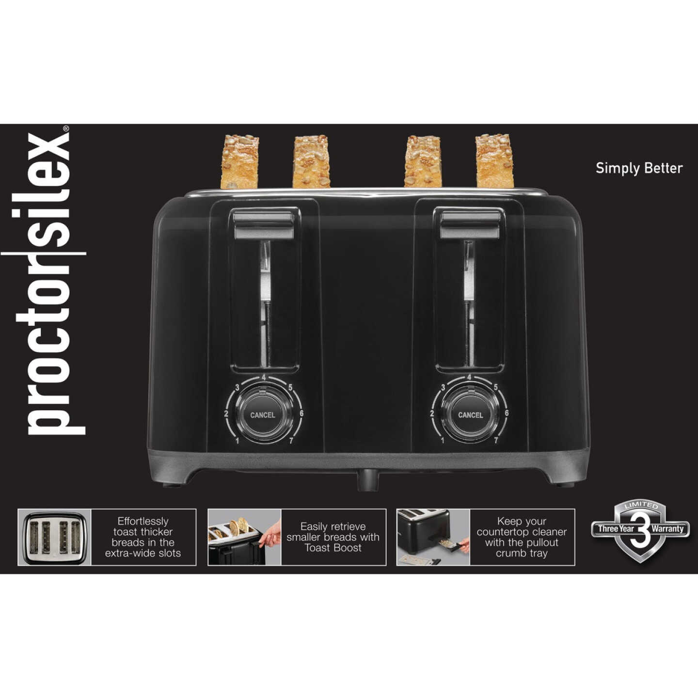 Proctor Silex Extra-Wide 4-Slot Toaster - Black Image 2