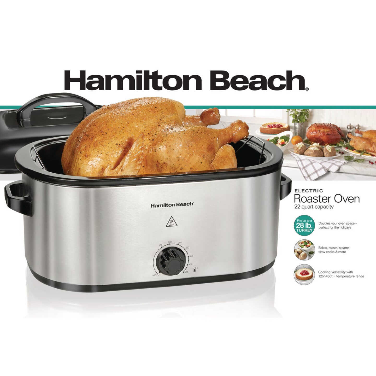 Hamilton Beach 22 Qt. Stainless Steel Electric Roaster Oven with Black Lid Image 2