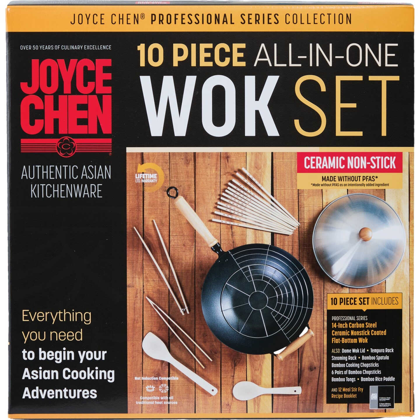 Joyce Chen Professional Series 14 In. Carbon Steel Excalibur Nonstick Flat Bottom Wok Set with Lid and Maple Handles (10-Pc.) Image 2