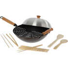 Joyce Chen Professional Series 14 In. Carbon Steel Excalibur Nonstick Flat Bottom Wok Set with Lid and Maple Handles (10-Pc.) Image 1