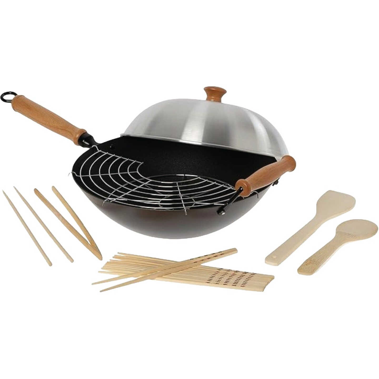 Joyce Chen Professional Series 14 In. Carbon Steel Excalibur Nonstick Flat Bottom Wok Set with Lid and Maple Handles (10-Pc.) Image 1