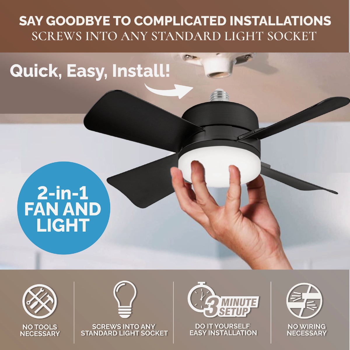 Bell+Howell Black Ceiling Socket Fan/Light Image 5