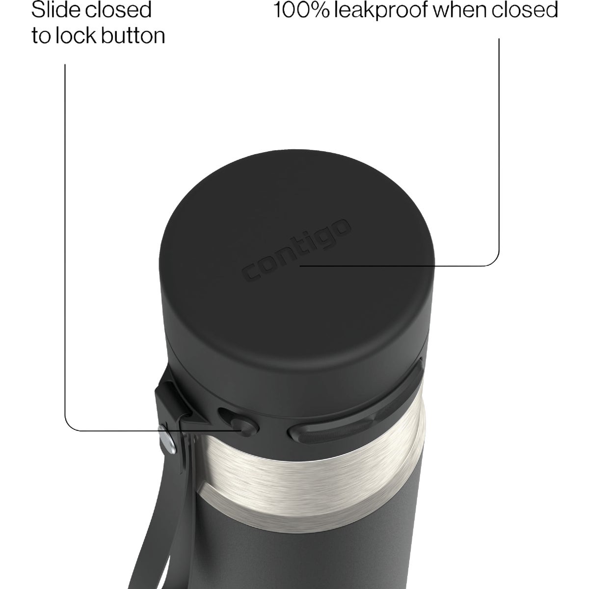 Contigo AutoPop 24 Oz. Leakproof Insulated Stainless Steel Water Bottle with Carry Strap and Shaker Ball, Black Image 3