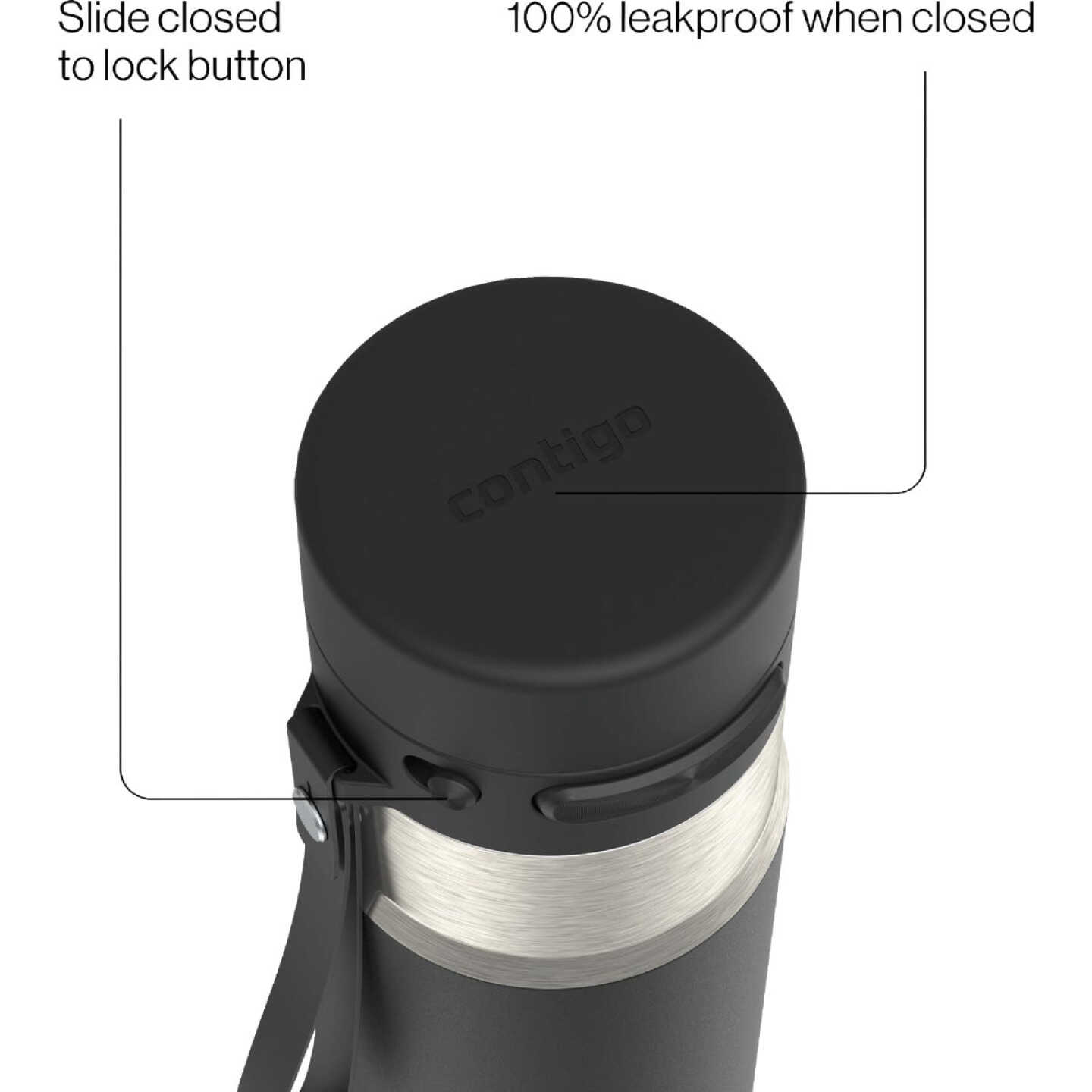 Contigo AutoPop 24 Oz. Leakproof Insulated Stainless Steel Water Bottle with Carry Strap and Shaker Ball, Black Image 3