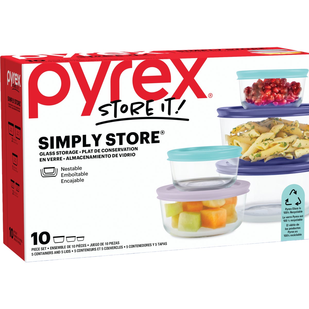 Pyrex Simply Store Glass Storage Bakeware Set with Assorted Colored Lids (10-Piece) Image 3