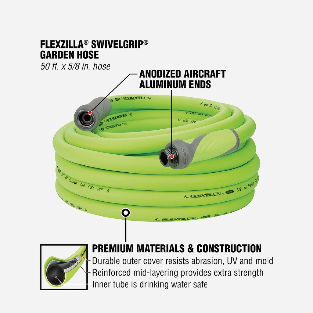Flexzilla 5/8 In. Dia. x 50 Ft. Drinking Water Safe Garden Hose with SwivelGrip Connections Image 3
