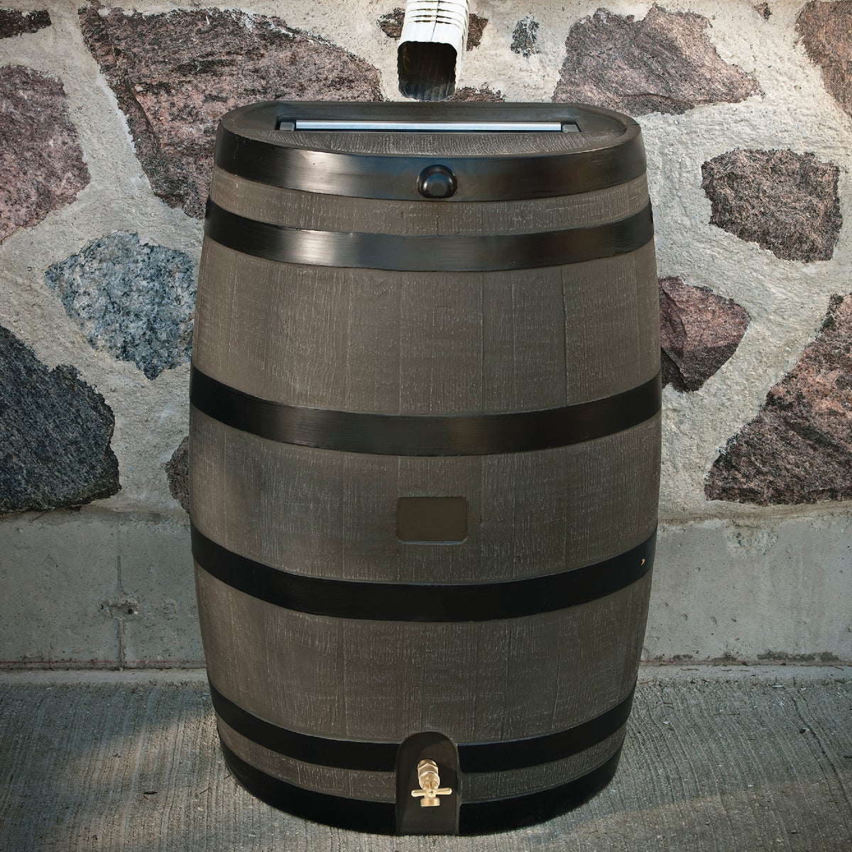 RTS Home Accents 50 Gal. Woodgrain Polyethylene Flat Back Rain Barrel Image 2