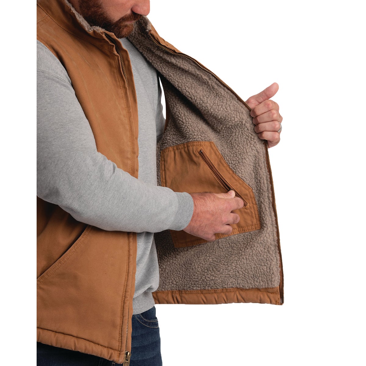 Berne Heartland Men's Medium Brown Sherpa-Lined Washed Duck Vest Image 4