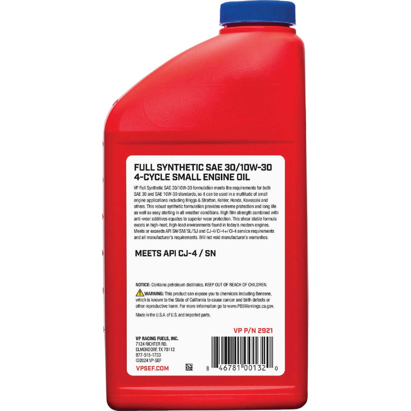 VP Racing Fuels 32 Oz. SAE30/10W30 Full Synthetic 4-Cycle Small Engine Oil Image 2