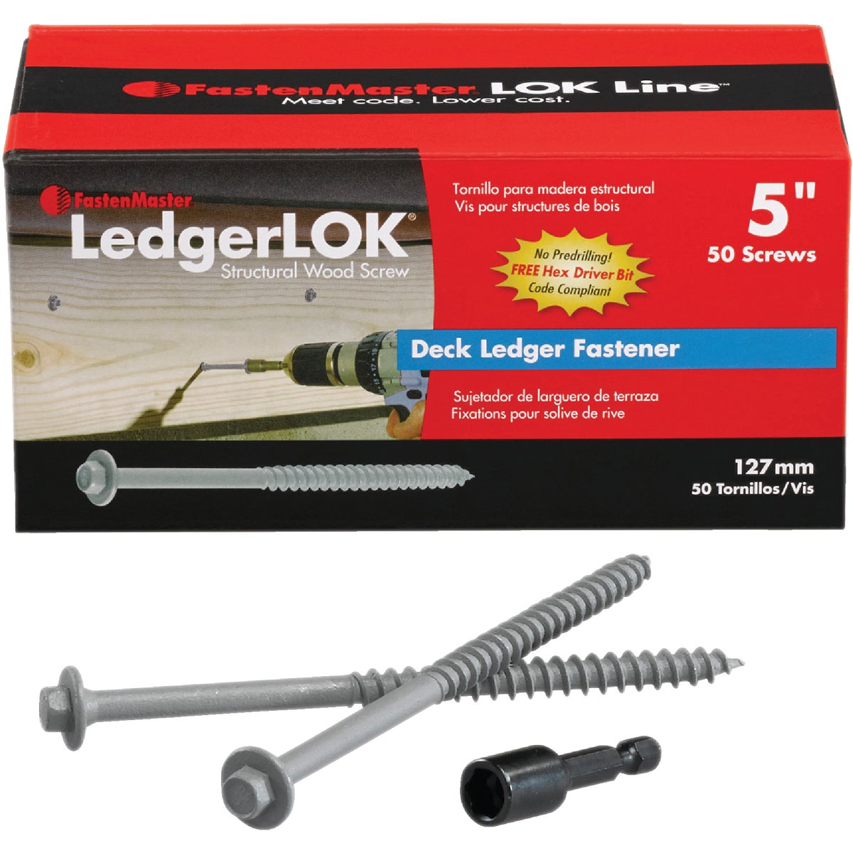 FastenMaster LedgerLok 0.305 In. x 5 In. Coarse Steel Hex-Head Ledger Board Fasteners (50-Count Box) Image 1