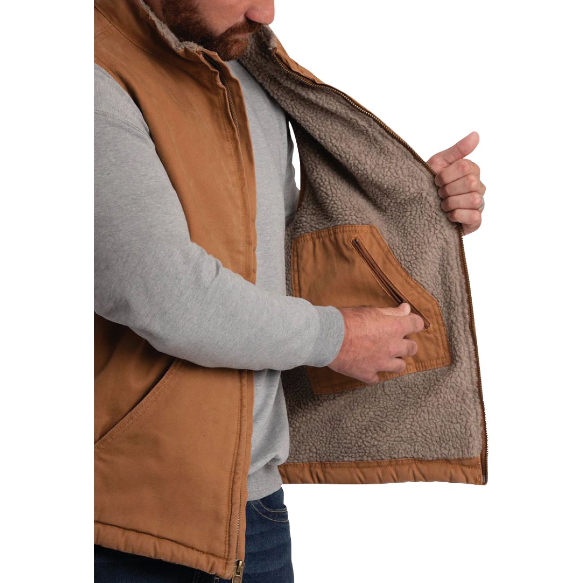 Berne Heartland Men's XL Brown Sherpa-Lined Washed Duck Vest Image 7