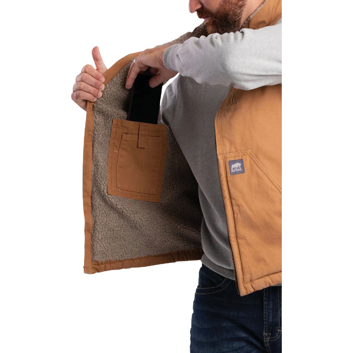 Berne Heartland Men's XL Brown Sherpa-Lined Washed Duck Vest Image 8