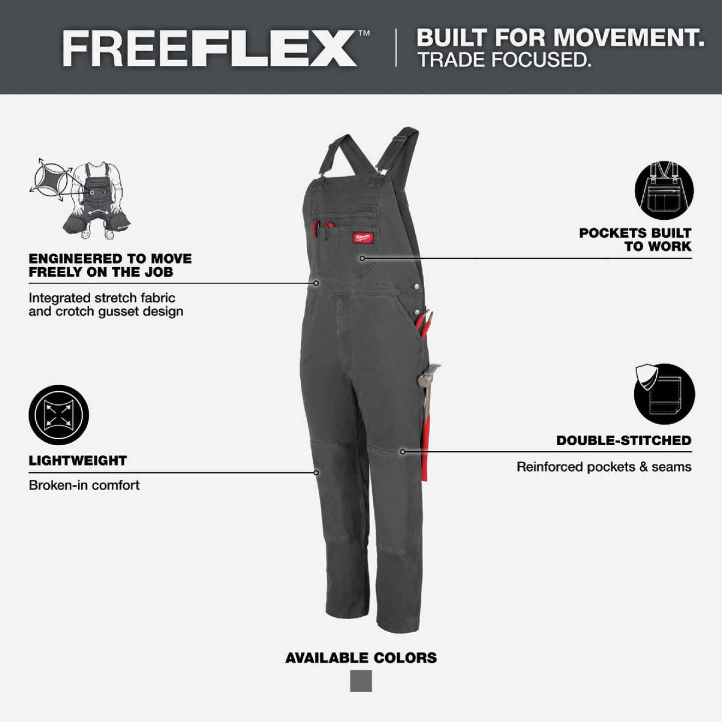 Milwaukee FREEFLEX Men's 30x34 Gray Unlined Bib Overalls Image 3