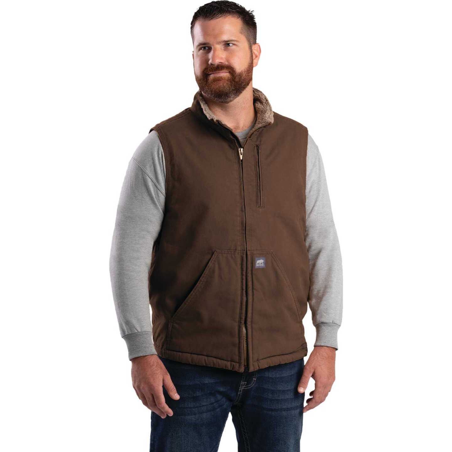 Berne Heartland Men's Medium Bark Sherpa-Lined Washed Duck Vest Image 1