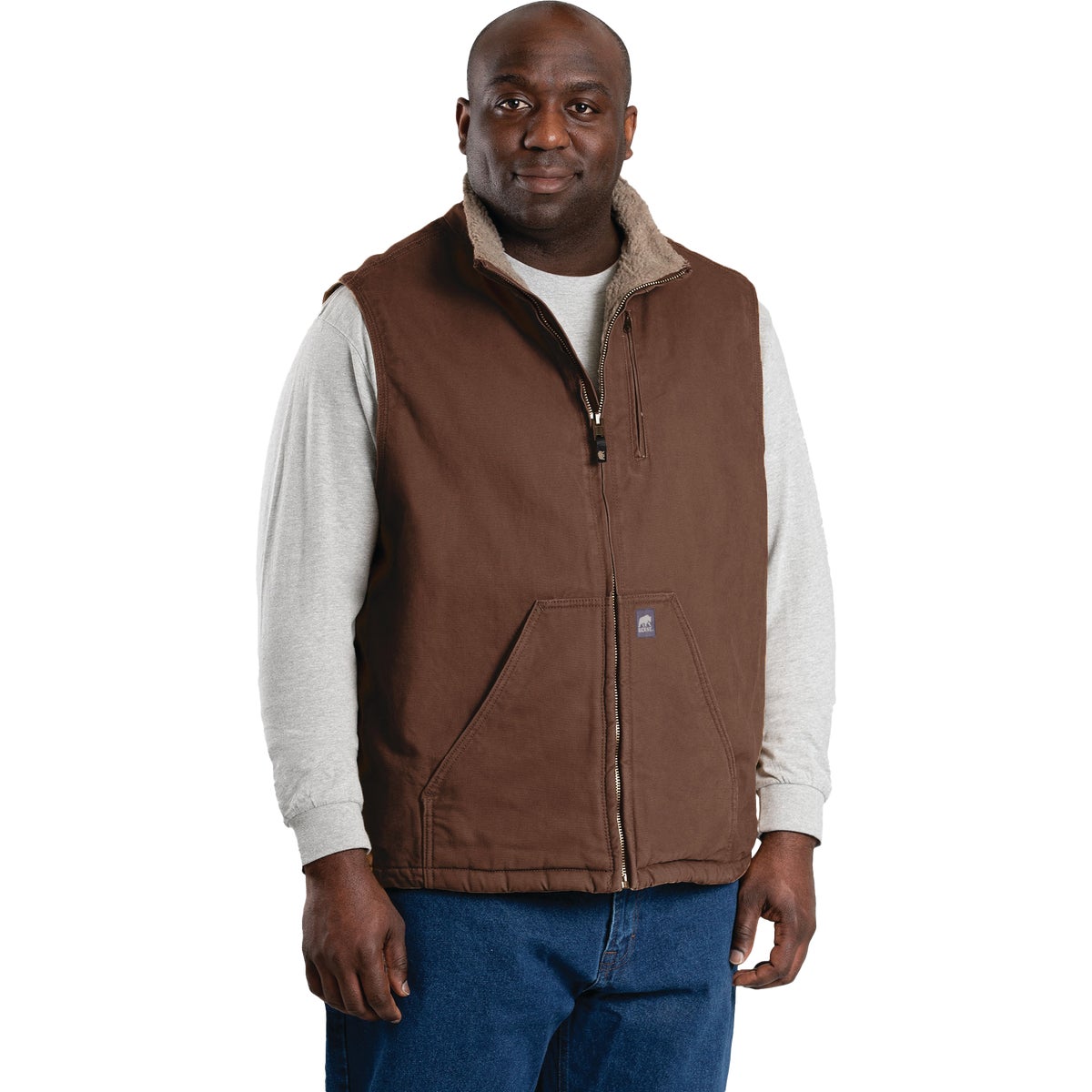 Berne Heartland Men's Large Bark Sherpa-Lined Washed Duck Vest Image 4