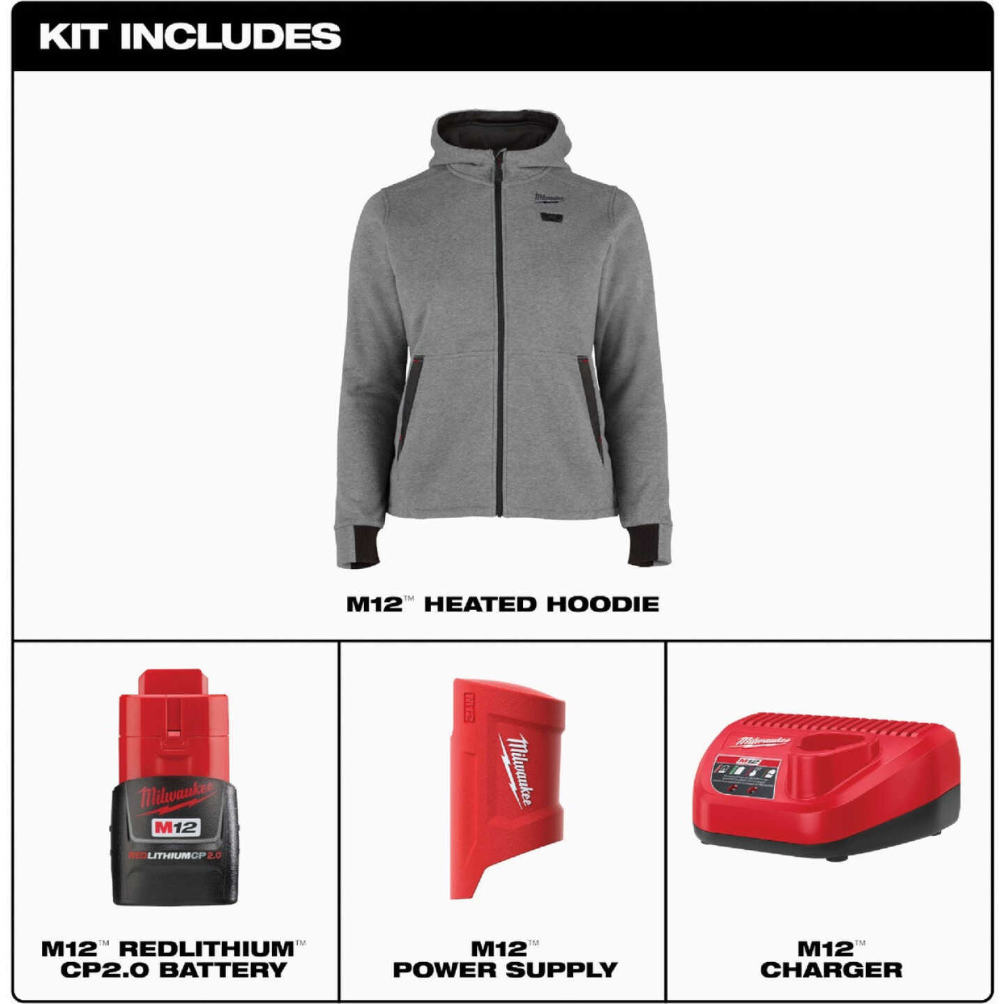 Milwaukee M12 Women's XL Gray Full-Zip Heated Hoodie Kit Image 5