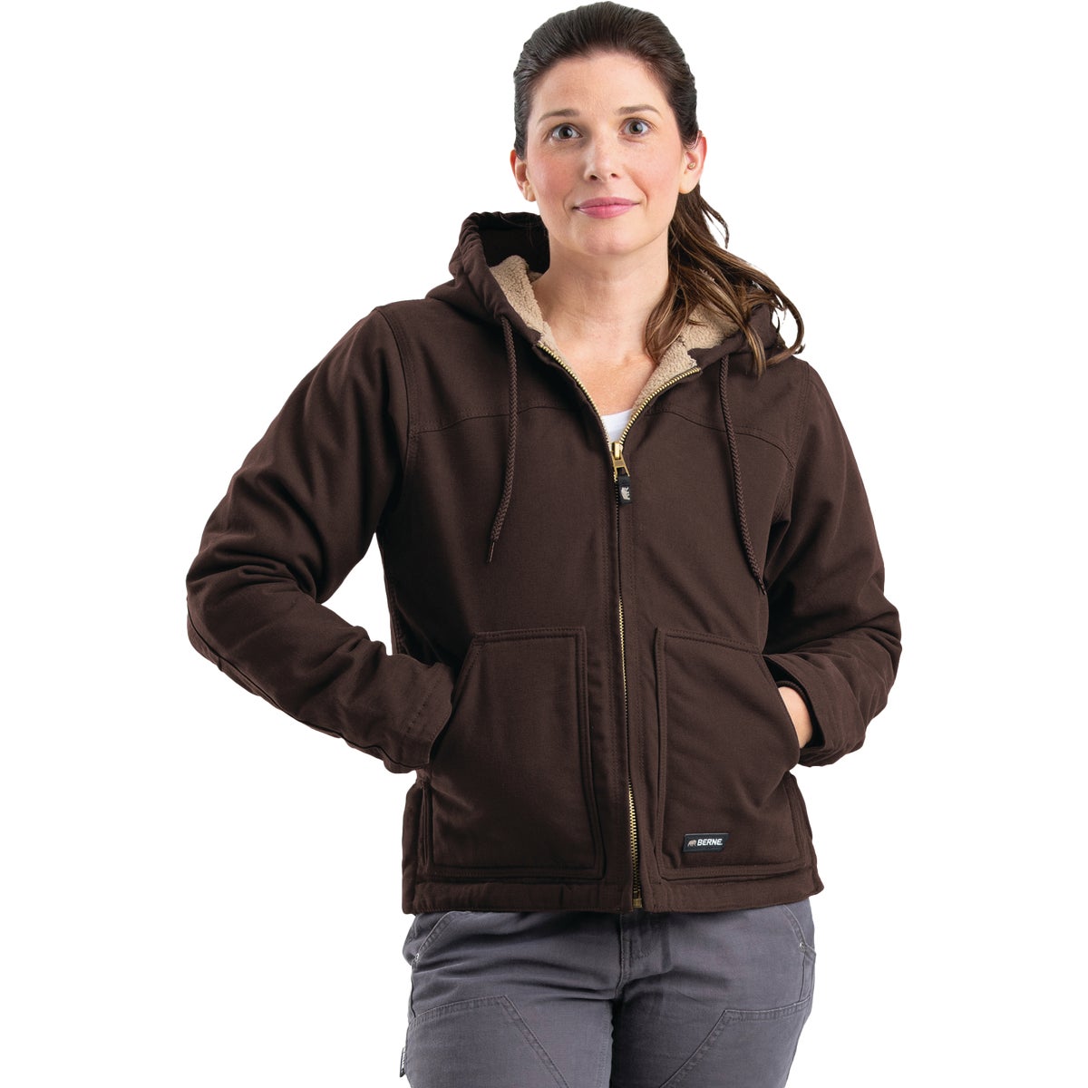 Berne Women's Medium Dark Brown Sherpa-Lined Softstone Duck Hooded Jacket