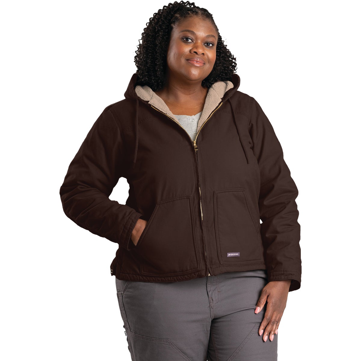 Berne Women's Large Dark Brown Sherpa-Lined Softstone Duck Hooded Jacket Image 2