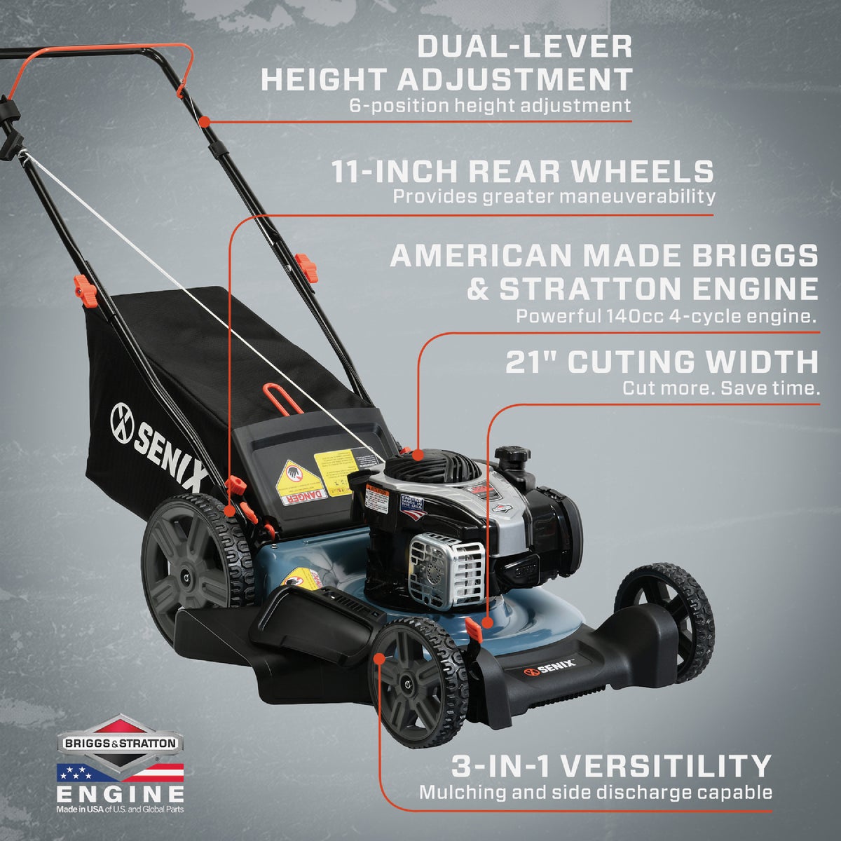 Senix 21 In. 140cc 4-Cycle 3-In-1 Push Gas Lawn Mower Image 2