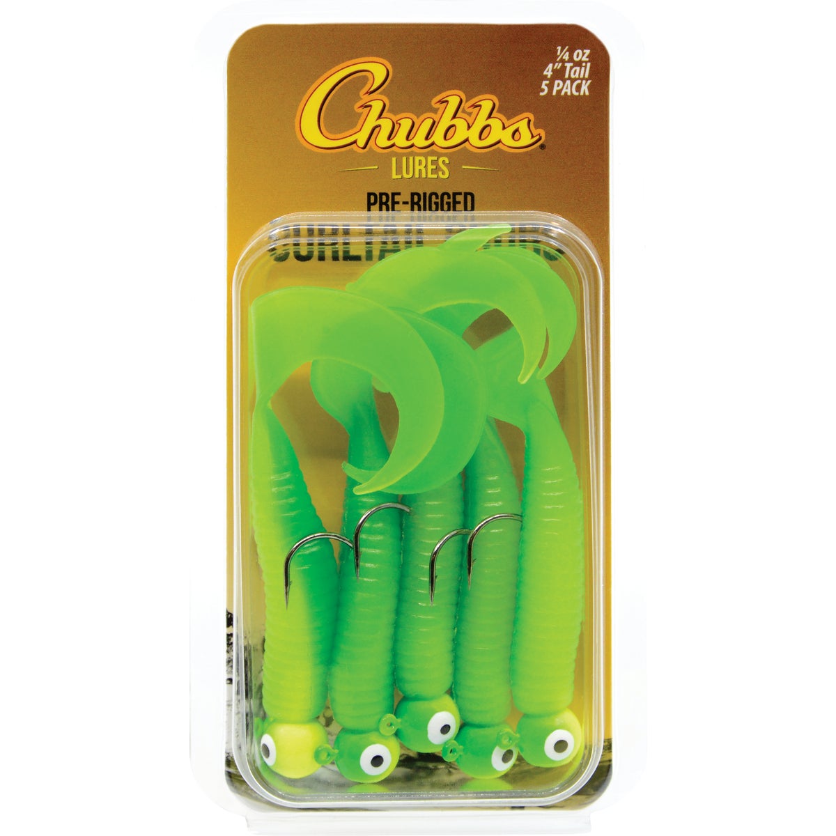 Chubbs Rigged 4 In. Chartreuse Glitter Curltail Grub (5-Pack)