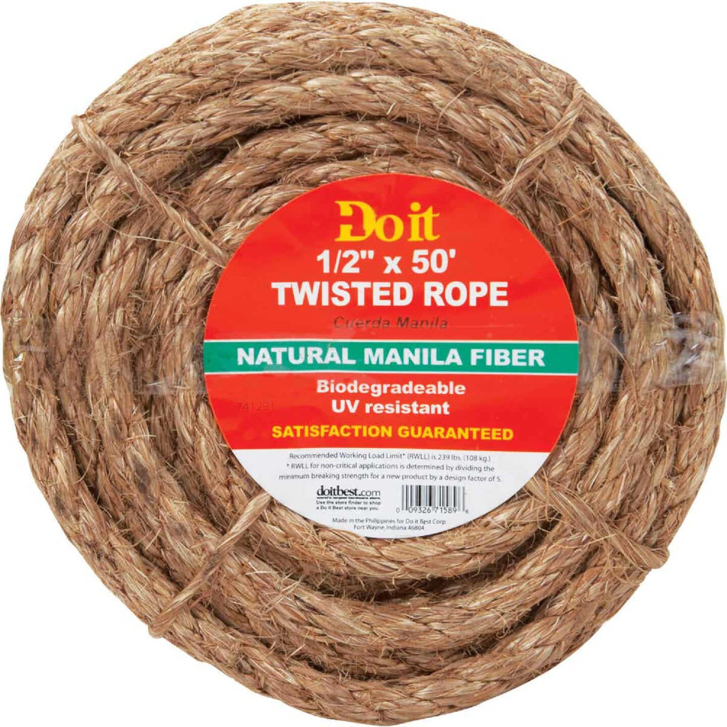 Do it Best 1/2 In. x 50 Ft. Natural Twisted Manila Fiber Packaged Rope Image 1