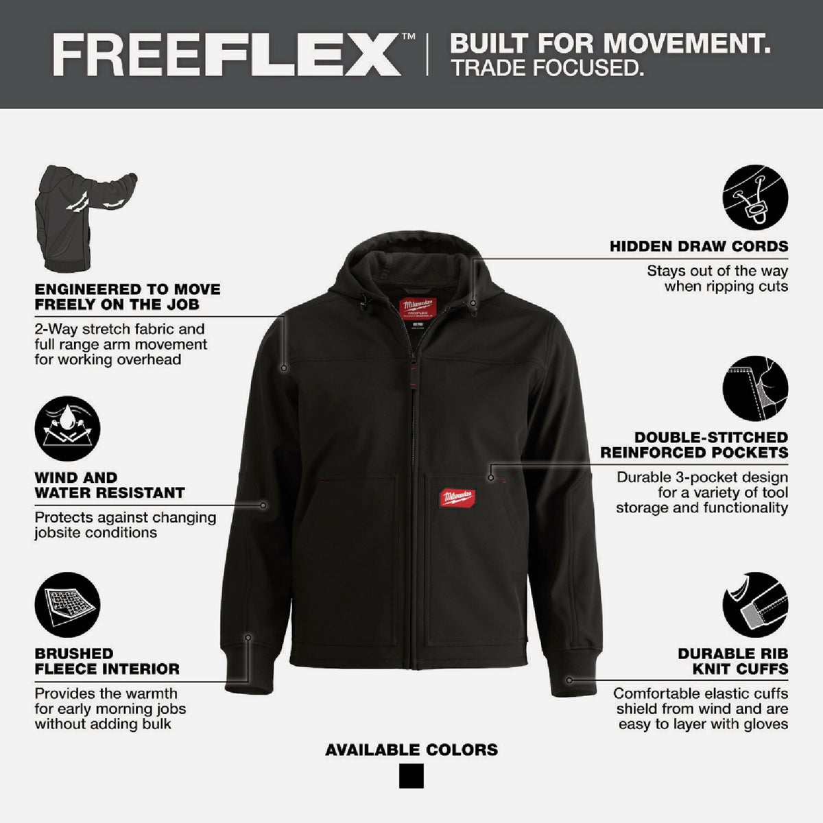 Milwaukee FREEFLEX Men's Medium Black Softshell Hooded Jacket Image 4