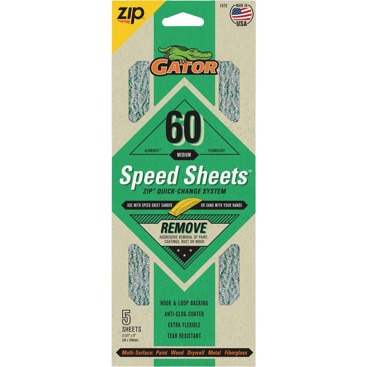 Gator Grit 3 In. x 9 In. Coarse ZIP Speed Sheet, 60 Grit (5-Pack)