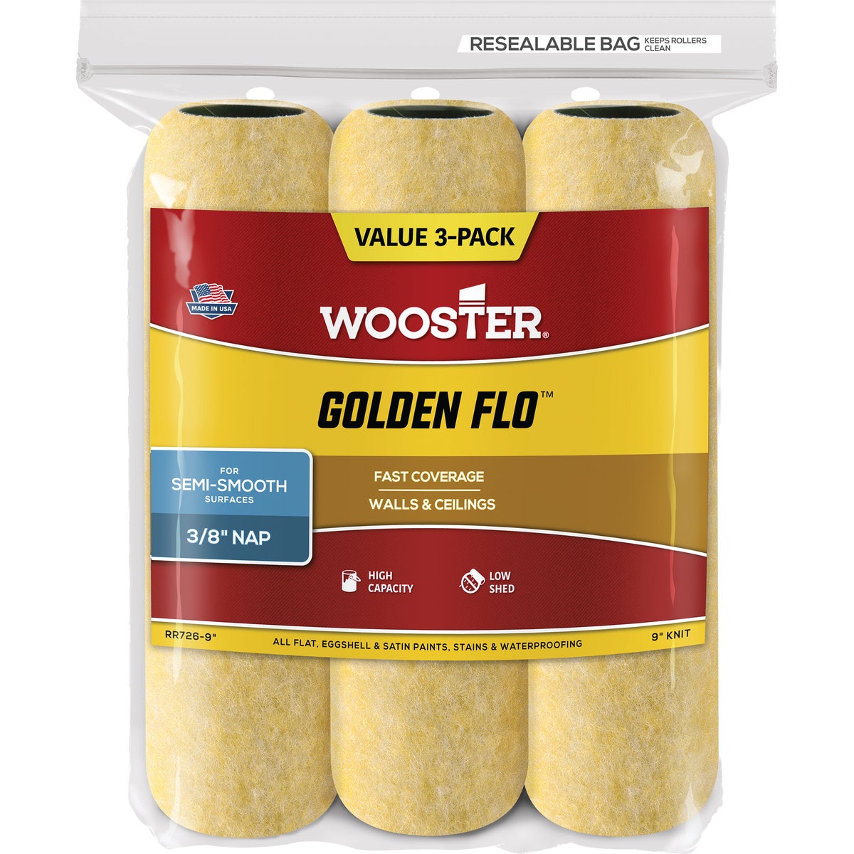 Wooster Golden Flo 9 In. x 3/8 In. Knit Fabric Roller Cover (3-Pack) Image 1