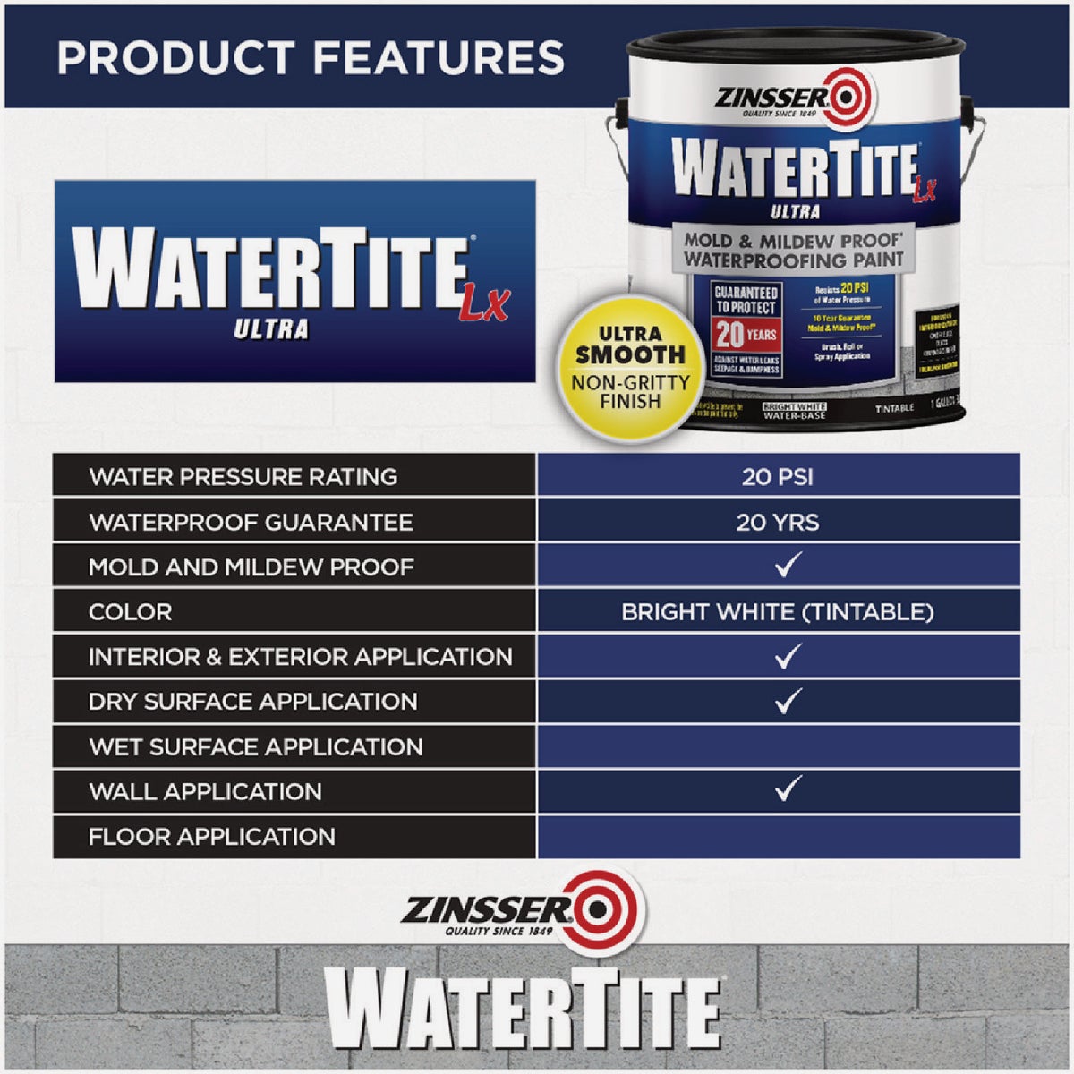 Zinsser WaterTite LX Ultra 1 Qt. Mold & Mildew Proof Bright White Waterproofing Paint Image 3