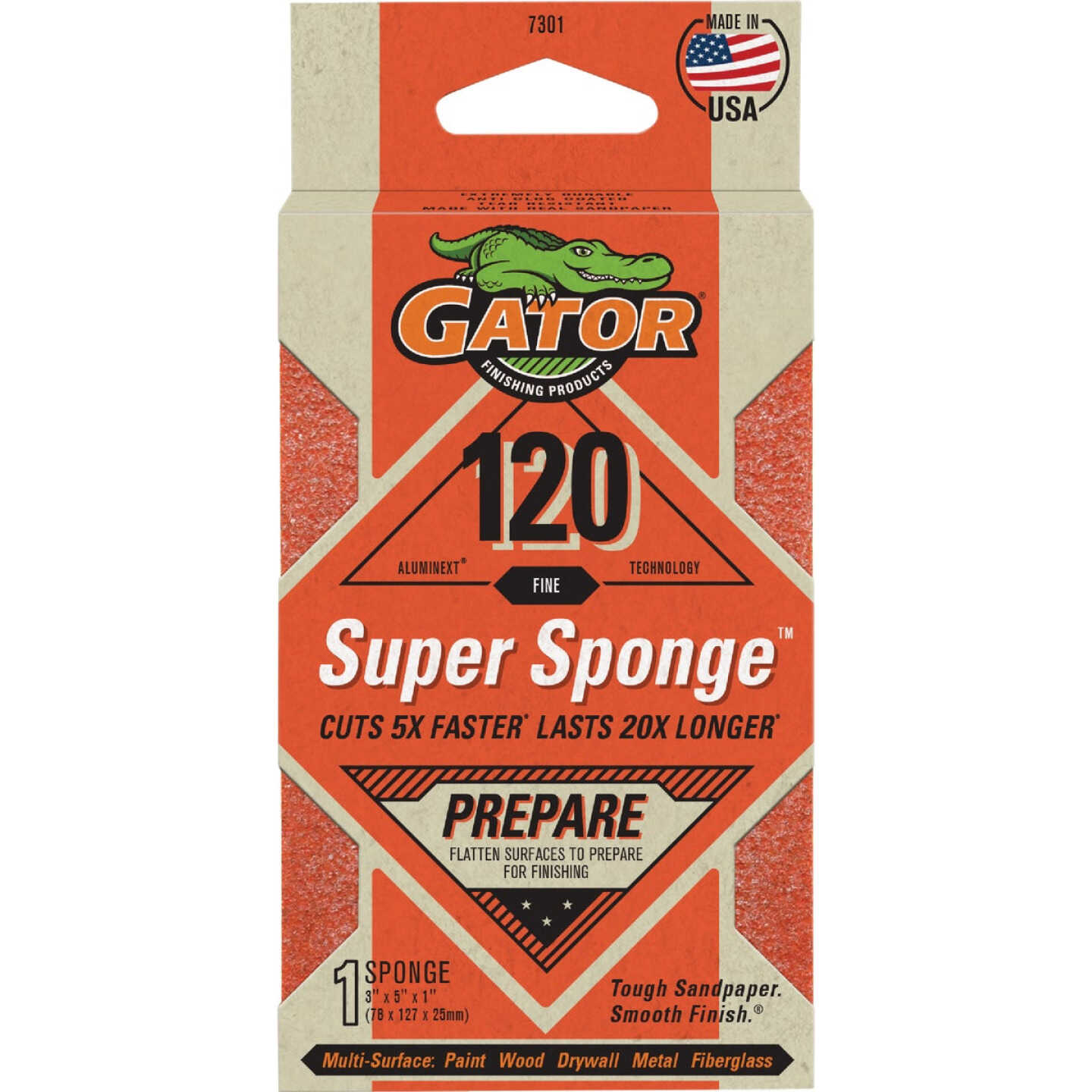 Gator Large 3 In. x 5 In. x 1 In. 120-Grit EZ123 Jumbo Sanding Sponge Image 1