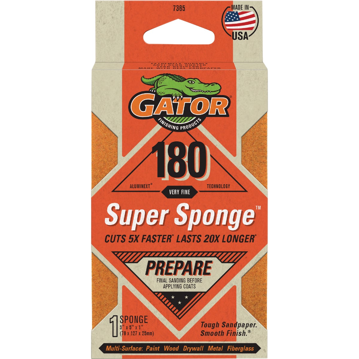 Gator 3 In. x 5 In. x 1 In. Medium 180-Grit EZ123 Premium Sanding Sponge