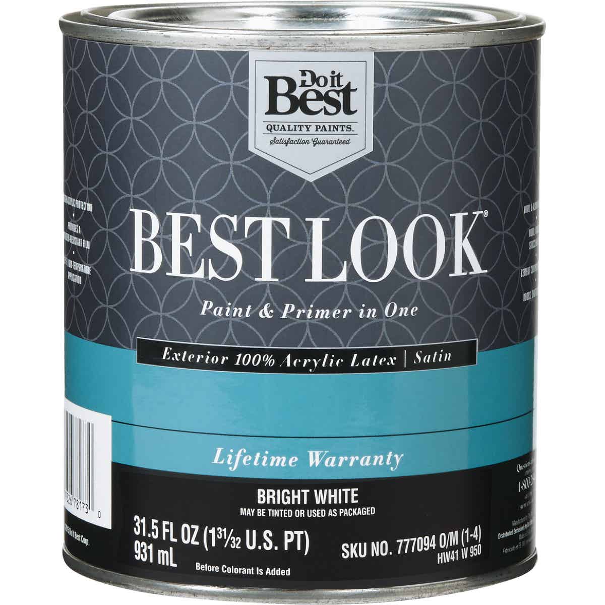 Best Look 100% Acrylic Latex Premium Paint & Primer In One Satin Exterior House Paint, Bright White, 1 Qt.
