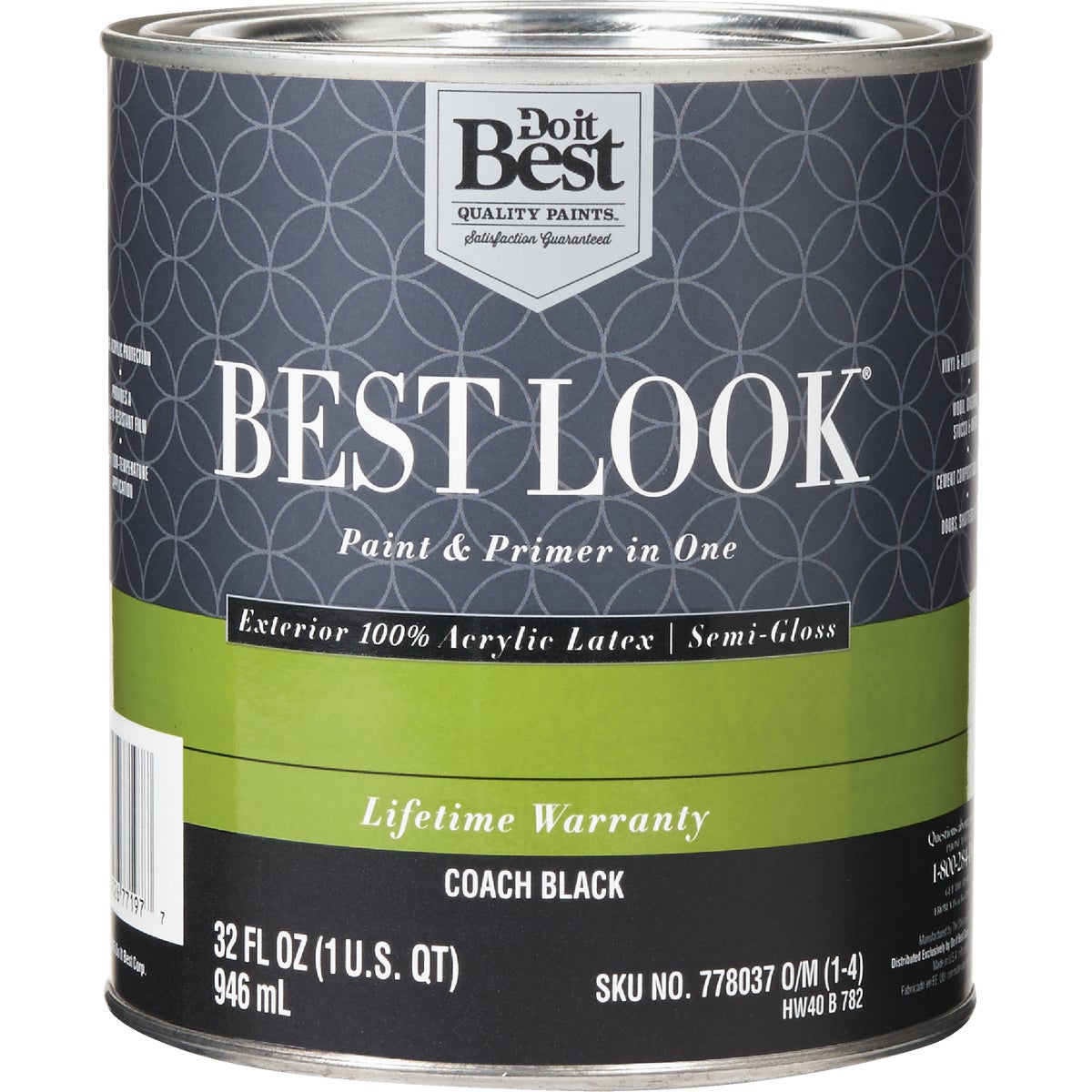 Best Look 100% Acrylic Latex Premium Paint & Primer In One Semi-Gloss Exterior House Paint, Coach Black, 1 Qt.