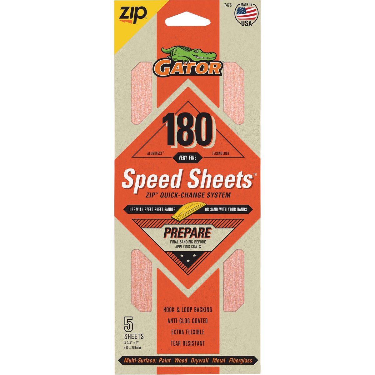 Gator Grit 3 In. x 9 In. Medium ZIP Speed Sheet, 180 Grit (5-Pack) Image 1