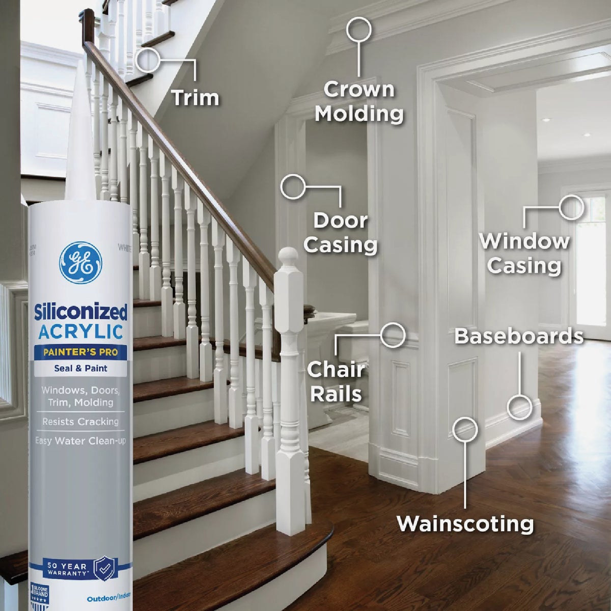 GE Siliconized Acrylic Painters Pro Seal & Paint Sealant, White, 10 Oz. Cartridge Image 5
