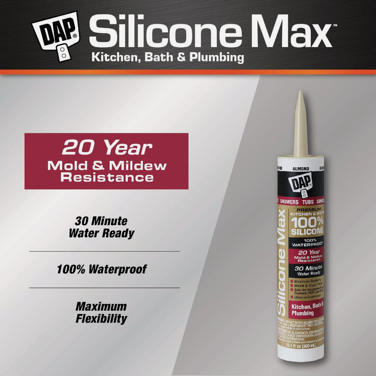 DAP Silicone Max 10.1 Oz. Almond Premium Kitchen, Bath & Plumbing 100% Silicone Sealant Image 2