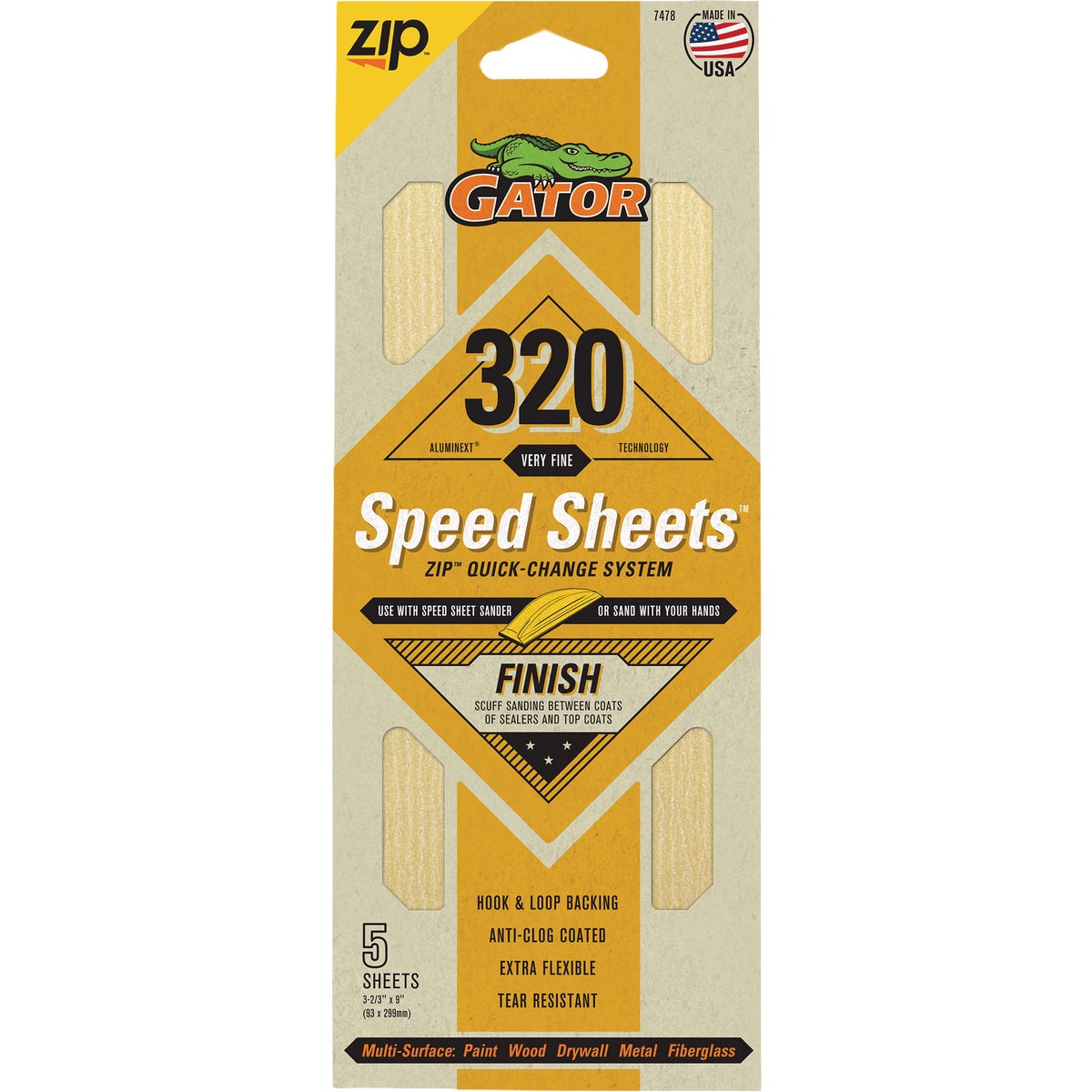 Gator Grit 3 In. x 9 In. Fine ZIP Speed Sheet, 320 Grit (5-Pack)