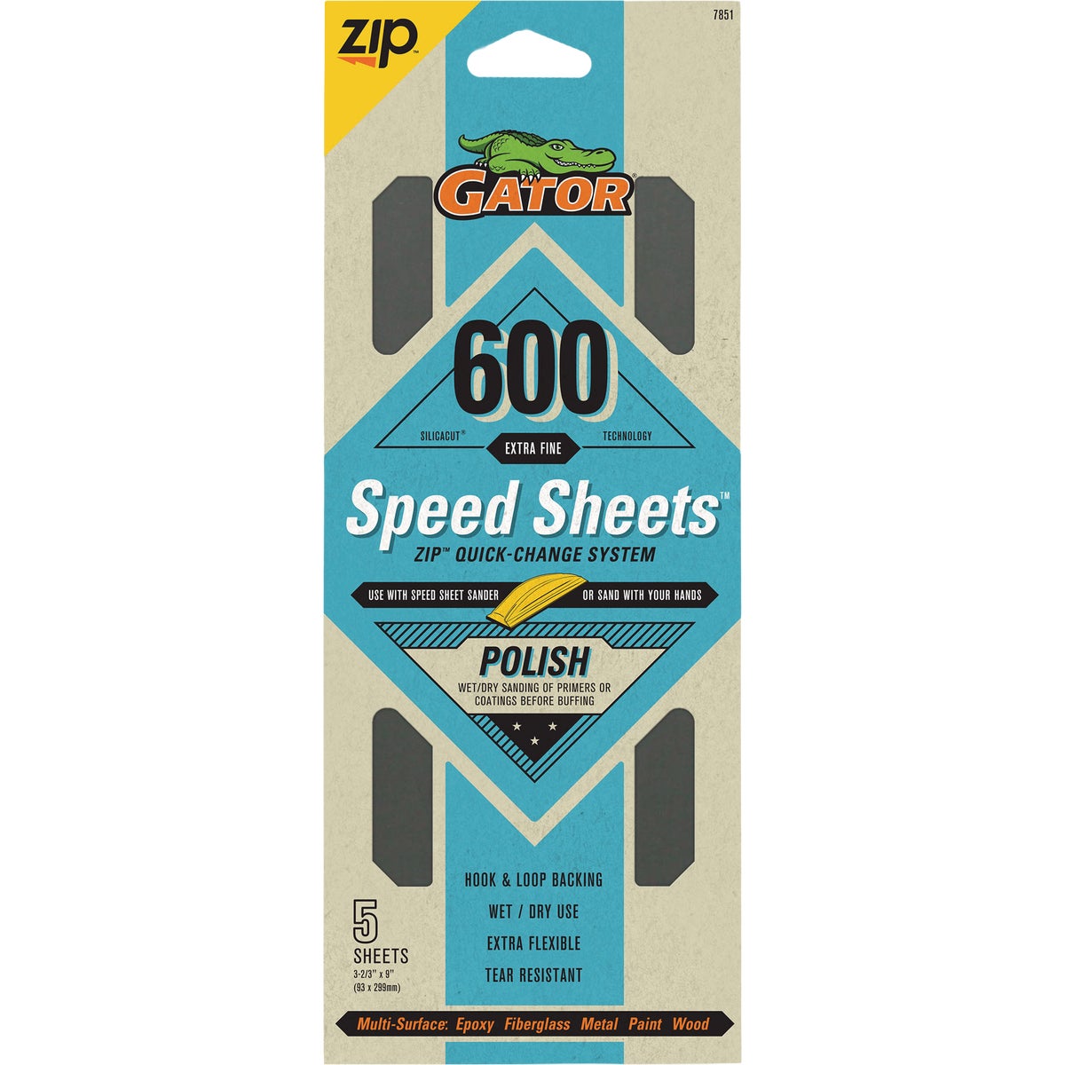 Gator Grit 3 In. x 9 In. Very Fine ZIP Speed Sheet, 600 Grit (5-Pack)