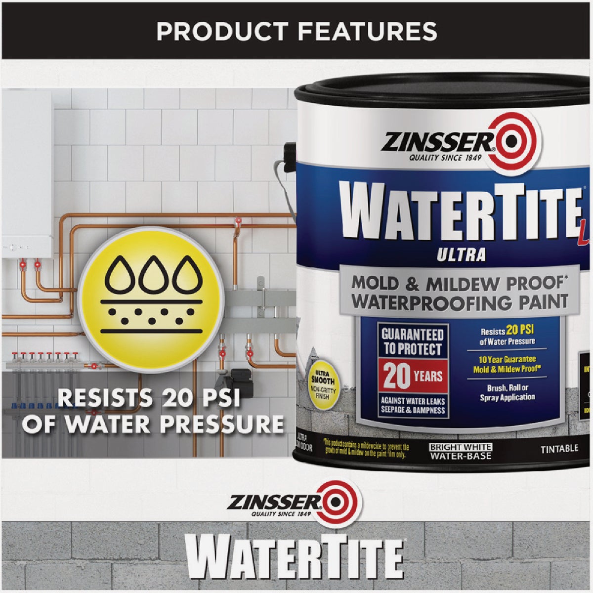 Zinsser WaterTite LX Ultra Mold & Mildew Proof Waterproofing Paint, 1 Gal. Image 4