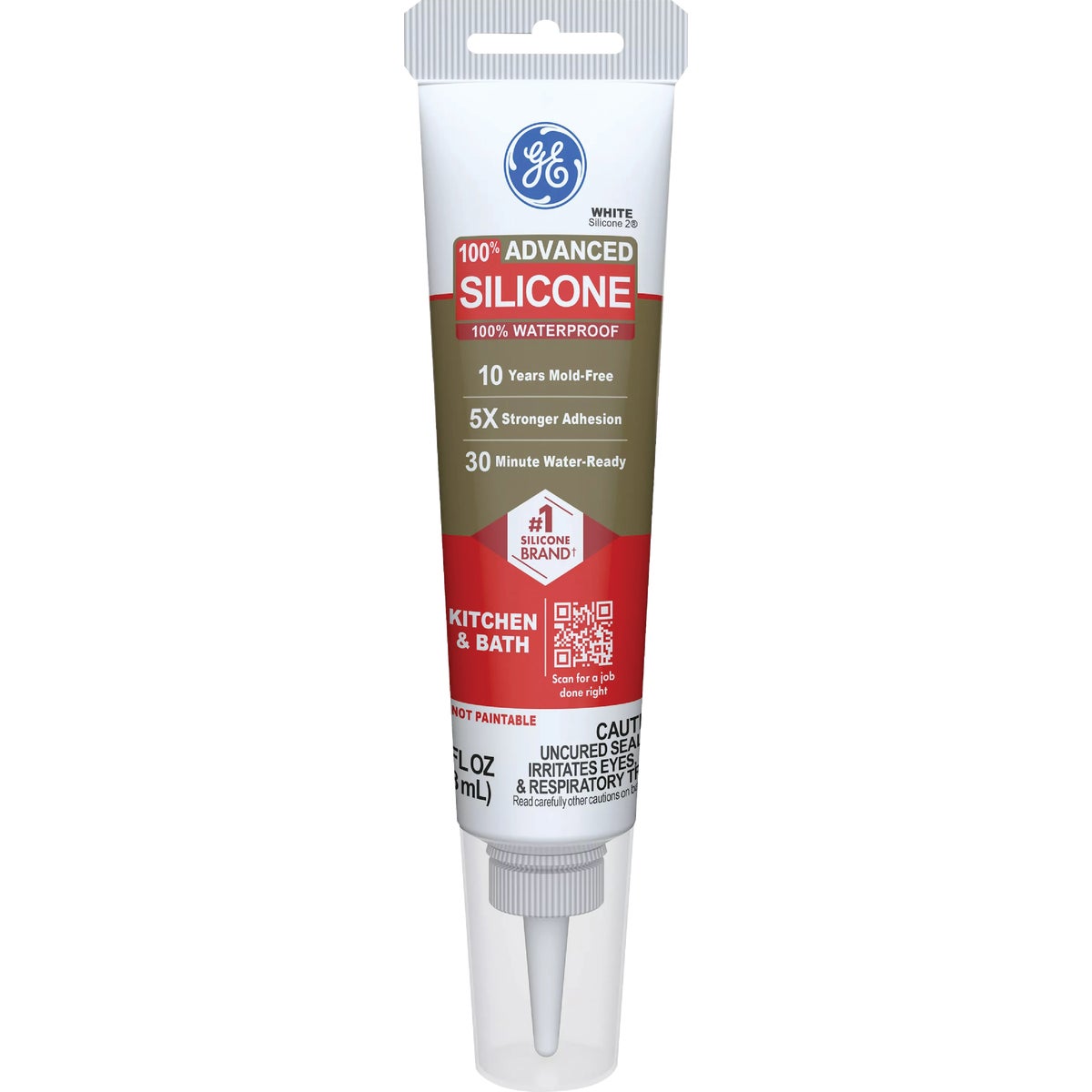 GE Advanced Silicone Kitchen & Bath Sealant, White, 2.8  Oz. Tube