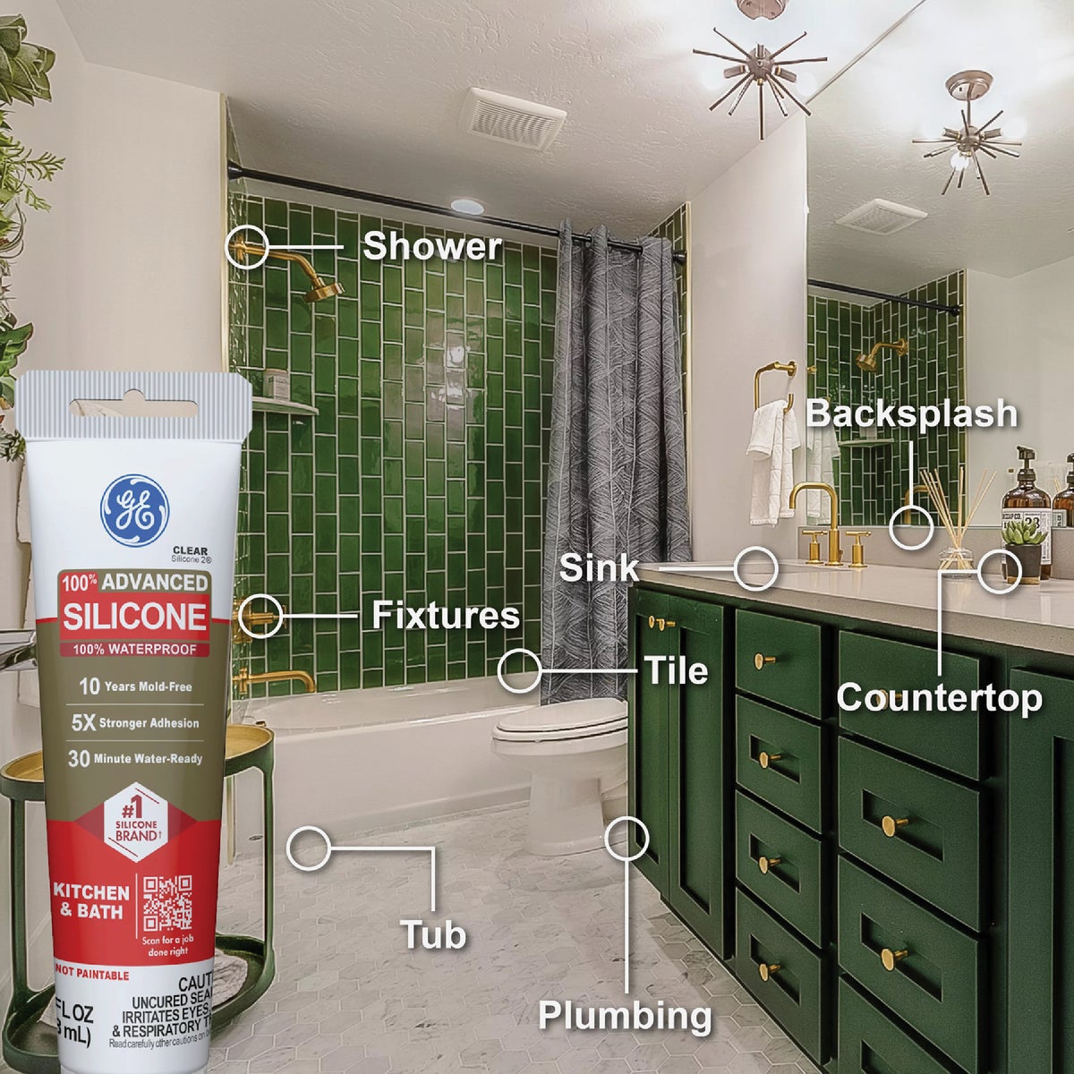 GE Advanced Silicone Kitchen & Bath Sealant, Clear, 2.8  Oz. Tube Image 3