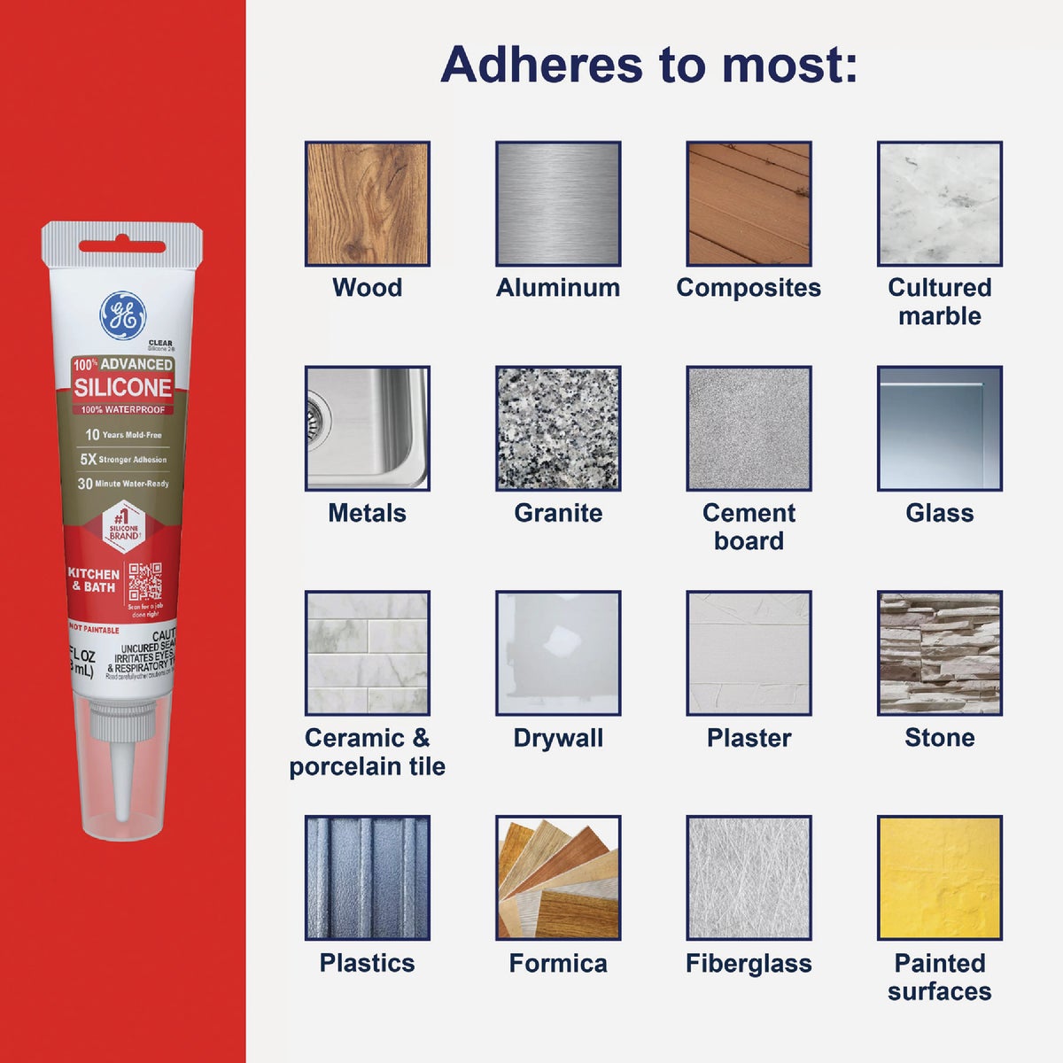 GE Advanced Silicone Kitchen & Bath Sealant, Clear, 2.8  Oz. Tube Image 5