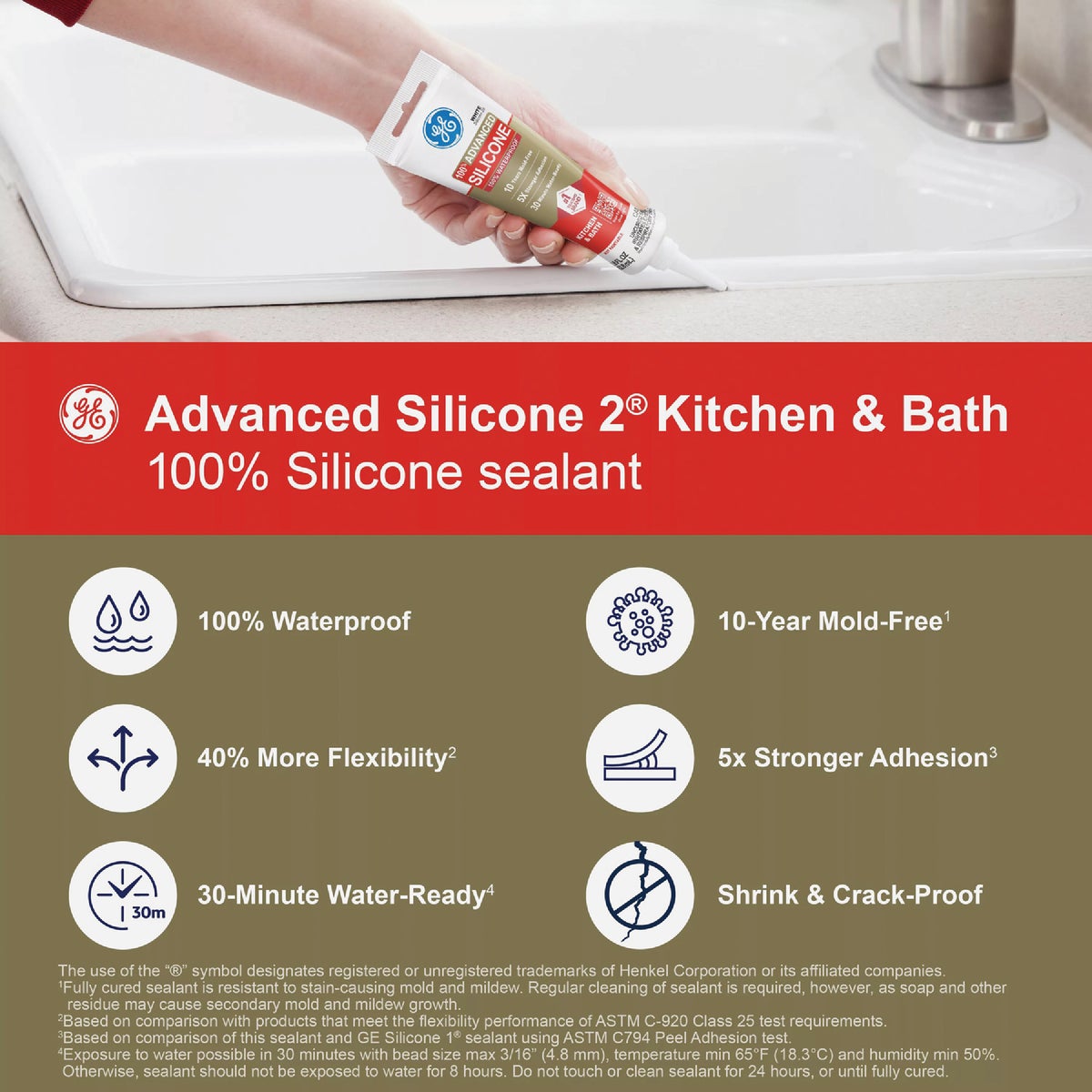 GE Advanced Silicone Kitchen & Bath Sealant, Almond, 2.8  Oz. Tube Image 4