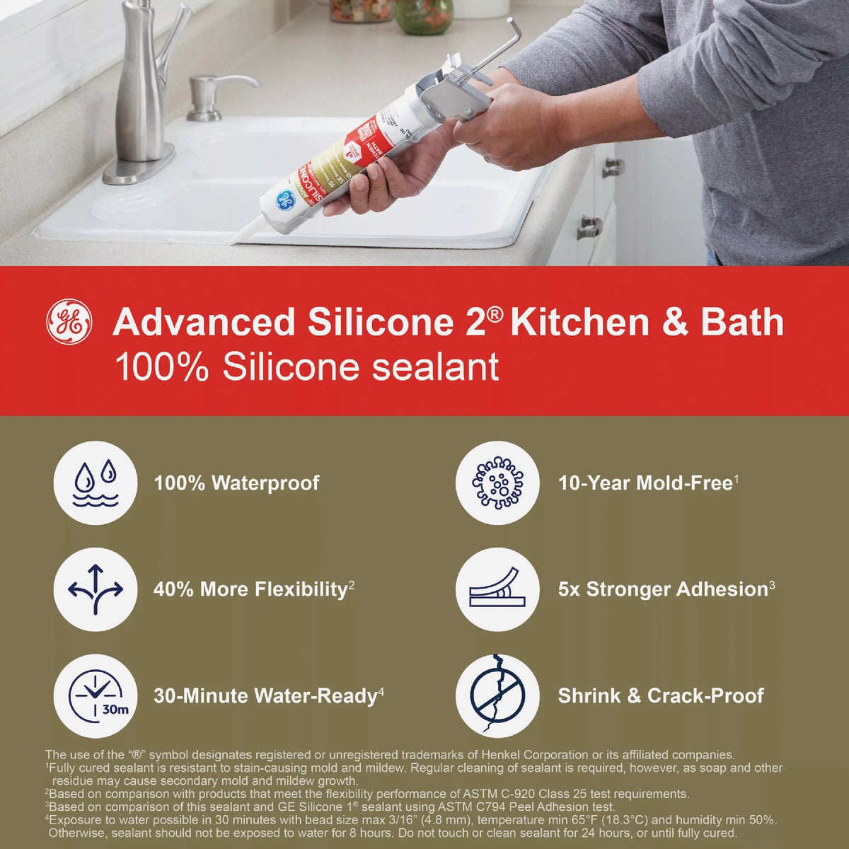 GE Advanced Silicone Kitchen & Bath Sealant, White, 10.1  Oz. Cartridge Image 4