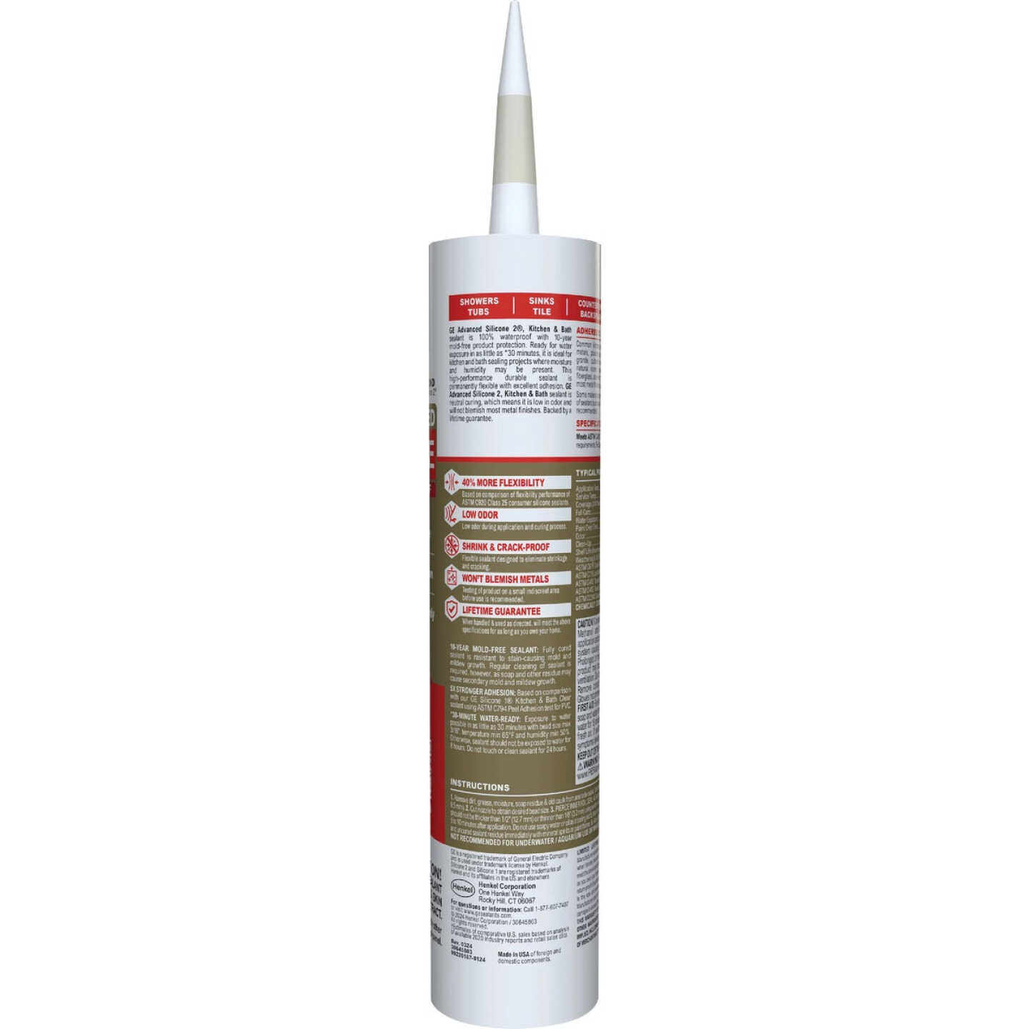 GE Advanced Silicone Kitchen & Bath Sealant, Almond, 10.1 Oz. Cartridge Image 7