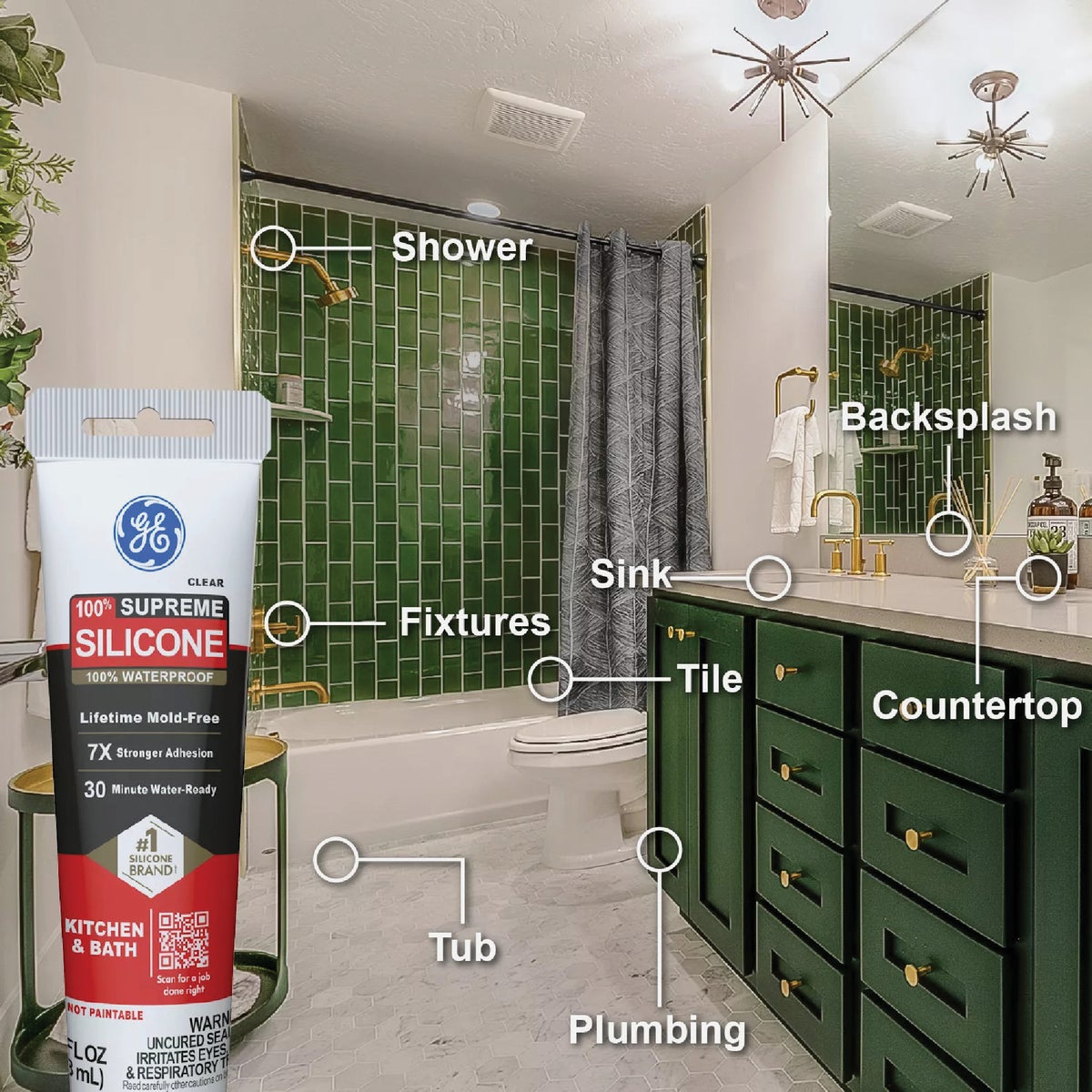 GE Supreme Silicone Kitchen & Bath Sealant, White, 2.8  Oz. Tube Image 2