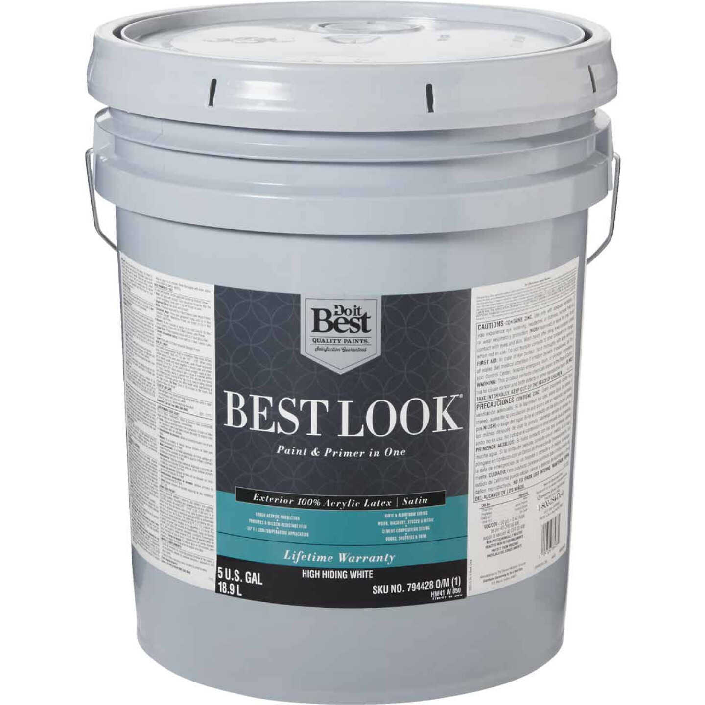 Best Look 100% Acrylic Latex Premium Paint & Primer In One Satin Exterior House Paint, High Hiding White, 5 Gal. Image 1