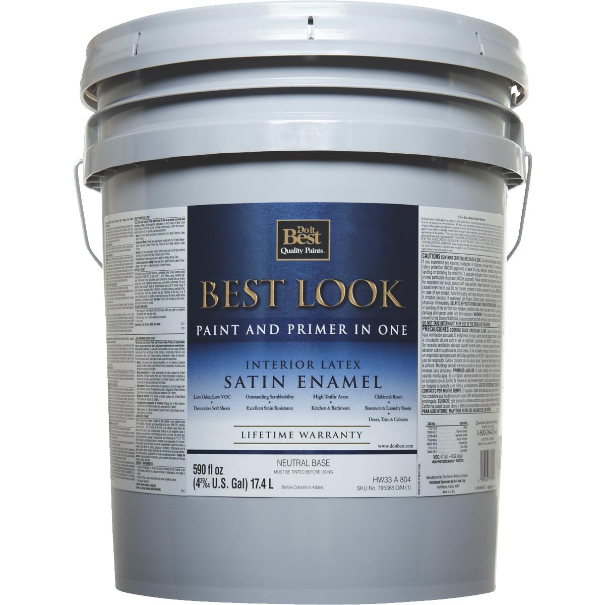 Best Look Latex Paint & Primer In One Satin Interior Wall Paint, Neutral Base, 5 Gal.